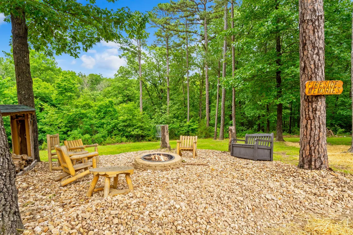 A cozy outdoor fire pit area with wooden seating and a sign reading 'Fireside Memories,' surrounded by trees. The setting is perfect for gathering at the end of a day on the lake to share stories, roast marshmallows, and enjoy the peaceful outdoors.