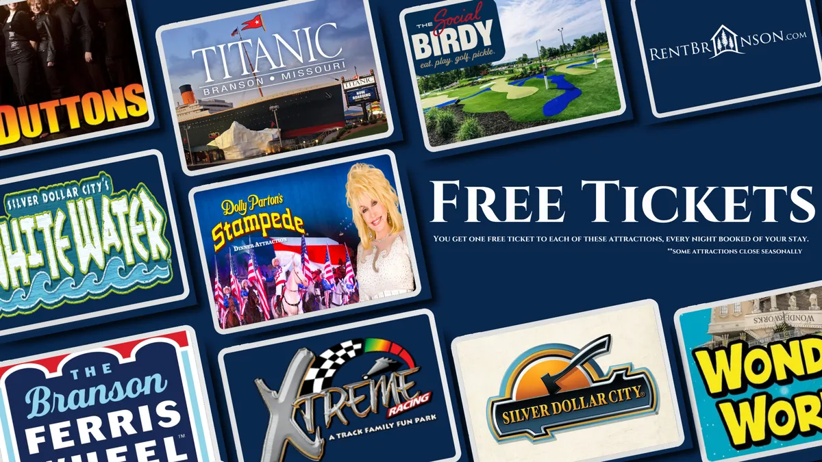 A vibrant flat-lay of attraction tickets and colorful promotional materials for local entertainment options in Branson, emphasizing the property’s proximity to city excitement.